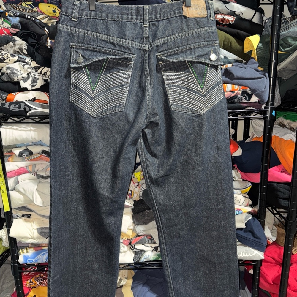 Y2K Sacred Crown Hip Hop Grunge Embroidered Baggy Jeans Size 38x30